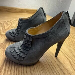 L.A.M.B. Women's Charcoal Suede Mules with scallop design